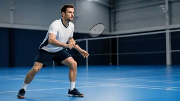 Badmintonspiller i klar position med en let ketcher