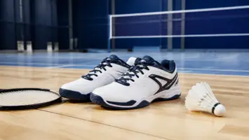 Badmintonsko, ketcher og fjerbold på en indendørs bane