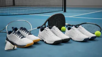 Tre par sko til badminton, padel og tennis på en bane