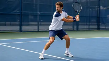 Tennisspiller med ketcher i klar position ved baglinjen