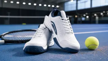 Tennissko og bold på en hardcourt-bane