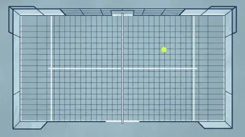 Illustration af en padelbane set ovenfra med glasvægge, gitter, net og servelinjer