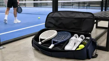 Åben padeltaske med bat, sko og bolde organiseret i rum