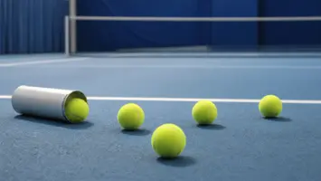 Tennisbolde der ruller ud af en neutral boldbeholder