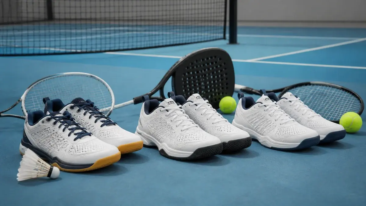 Tre par sko til badminton, padel og tennis på en bane