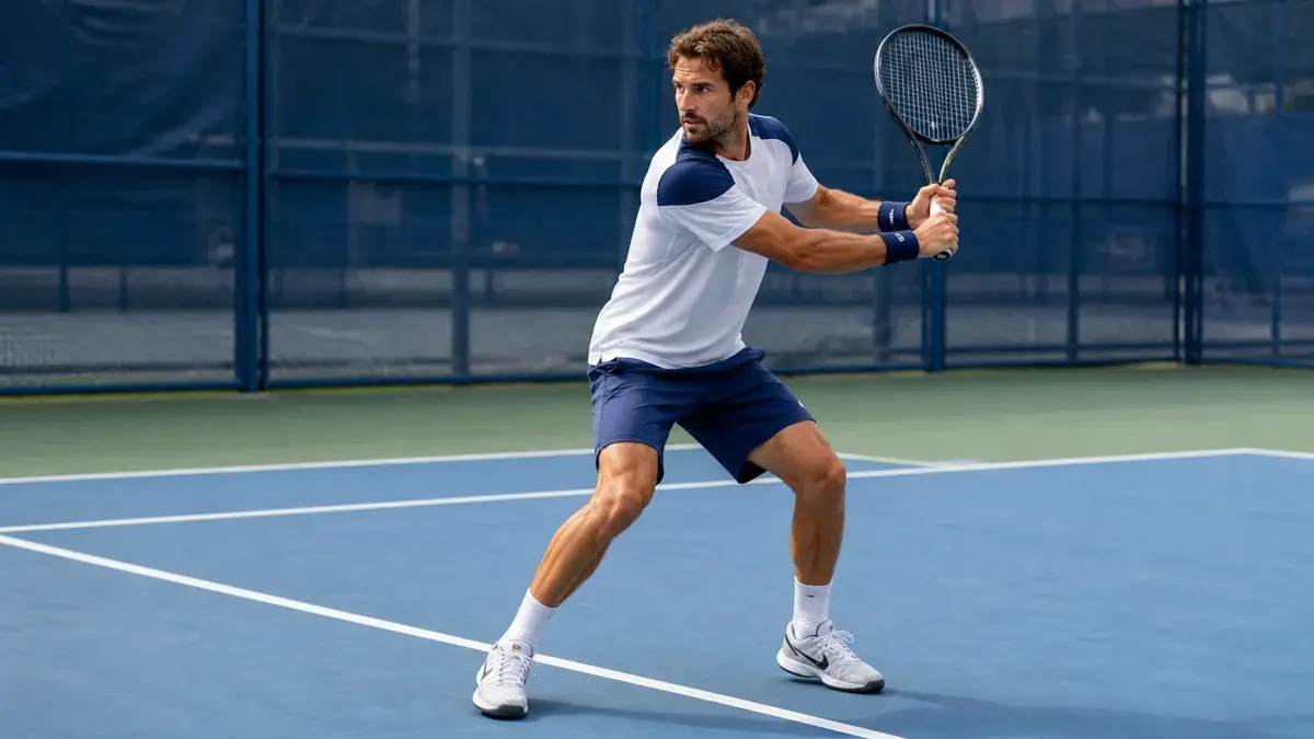 Tennisspiller med ketcher i klar position ved baglinjen