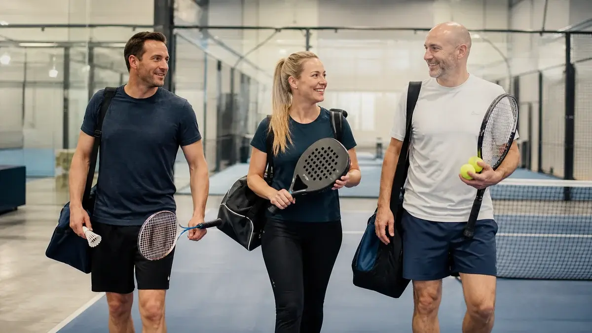 Tre begyndere med udstyr til badminton, padel og tennis