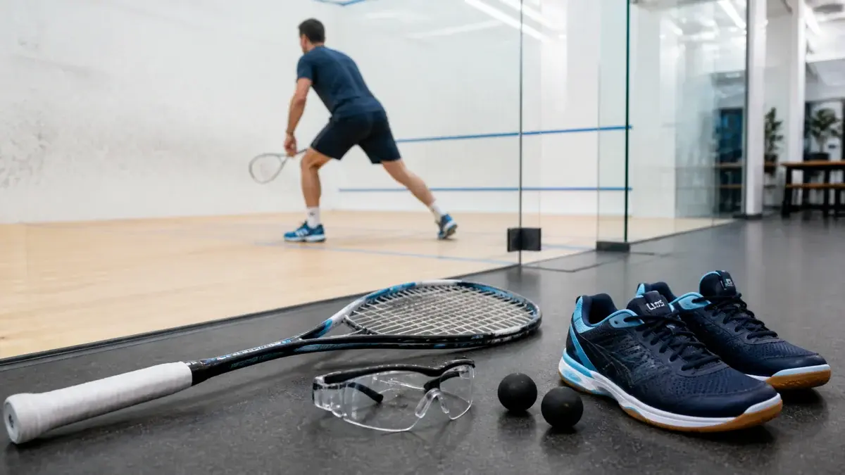 Squashketcher, briller, sko og bolde ved en squashbane