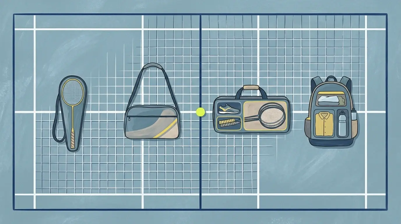 Illustration af fire badmintontasker: ketcheretui, skuldertaske, ketchertaske og rygsæk