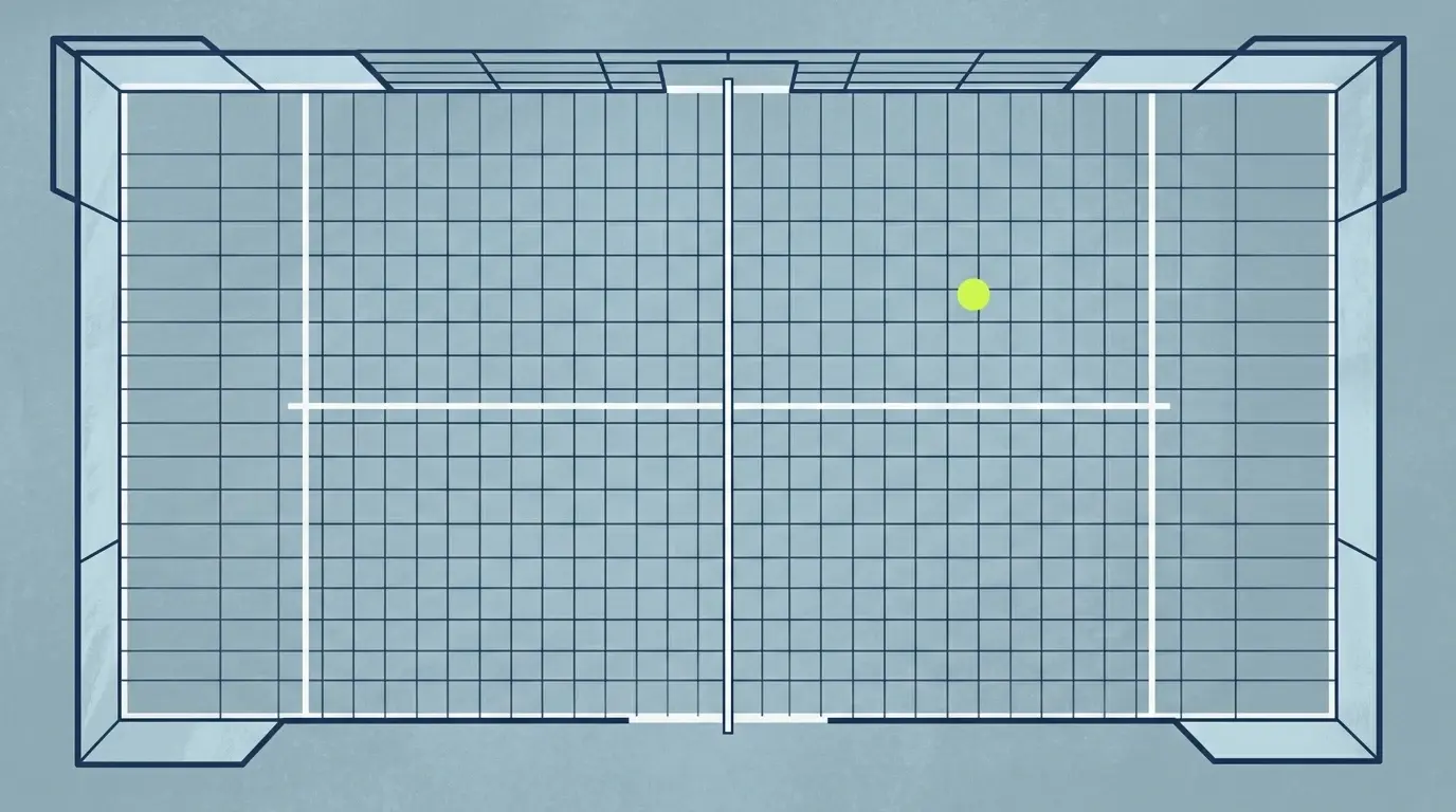 Illustration af en padelbane set ovenfra med glasvægge, gitter, net og servelinjer